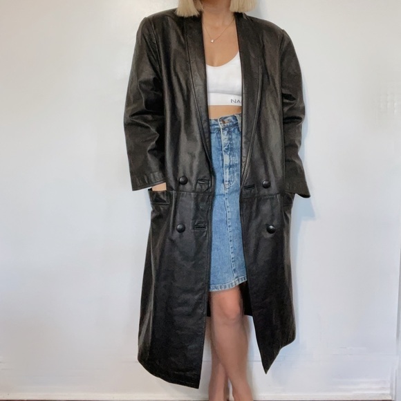 VINTAGEGenuine Leather Black Double Breasted Long Line Trench Coat